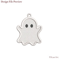 Machine embroidery file preview of a white Ghost FSL design with raised arms, black eyes and a hanging loop