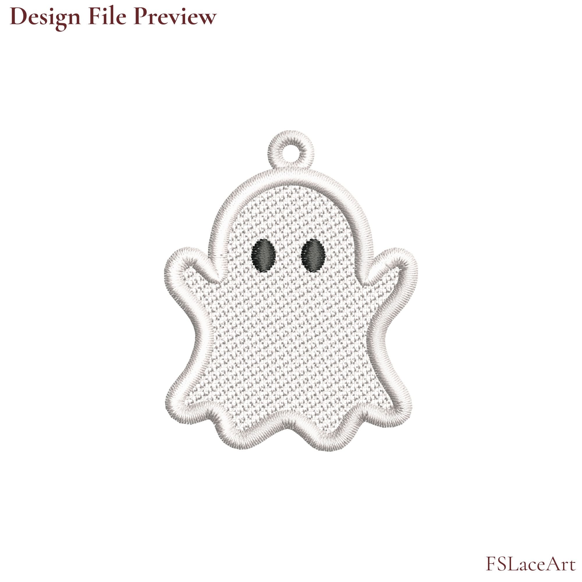Machine embroidery file preview of a white Ghost FSL design with raised arms, black eyes and a hanging loop