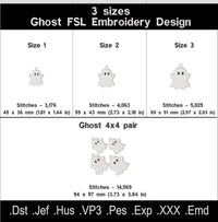 Cute Ghost FSL embroidery size chart showing three sizes and a 4 by 4 hoop file with four ghosts