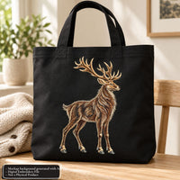 Black tote bag mockup featuring a standing stag with large antlers embroidered in warm brown and cream tones.