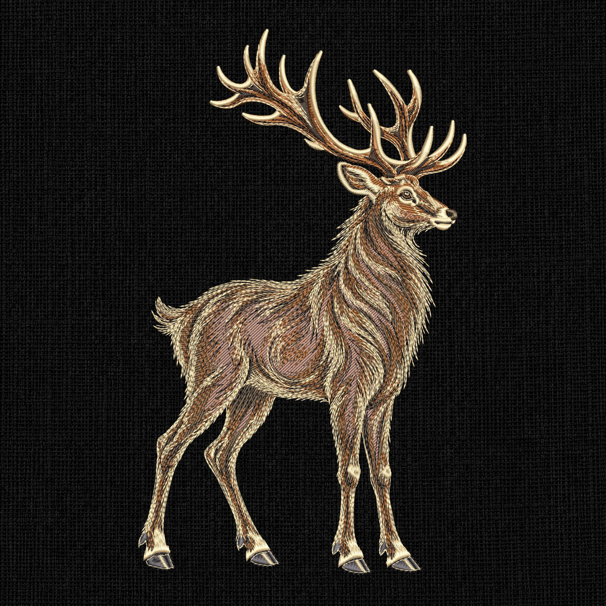 Full fill stag deer embroidery preview with brown and cream fur and sweeping antlers on black.