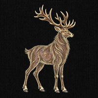 Full fill stag deer embroidery preview with brown and cream fur and sweeping antlers on black.