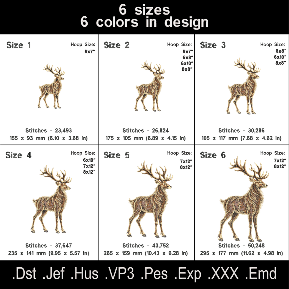 Full fill deer embroidery size chart showing six sizes, six thread colors, stitch counts and hoop requirements.