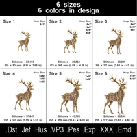 Full fill deer embroidery size chart showing six sizes, six thread colors, stitch counts and hoop requirements.