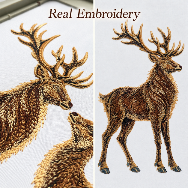 Actual deer embroidery on white fabric, with a close-up of the stag’s head and antlers beside a full-body view.