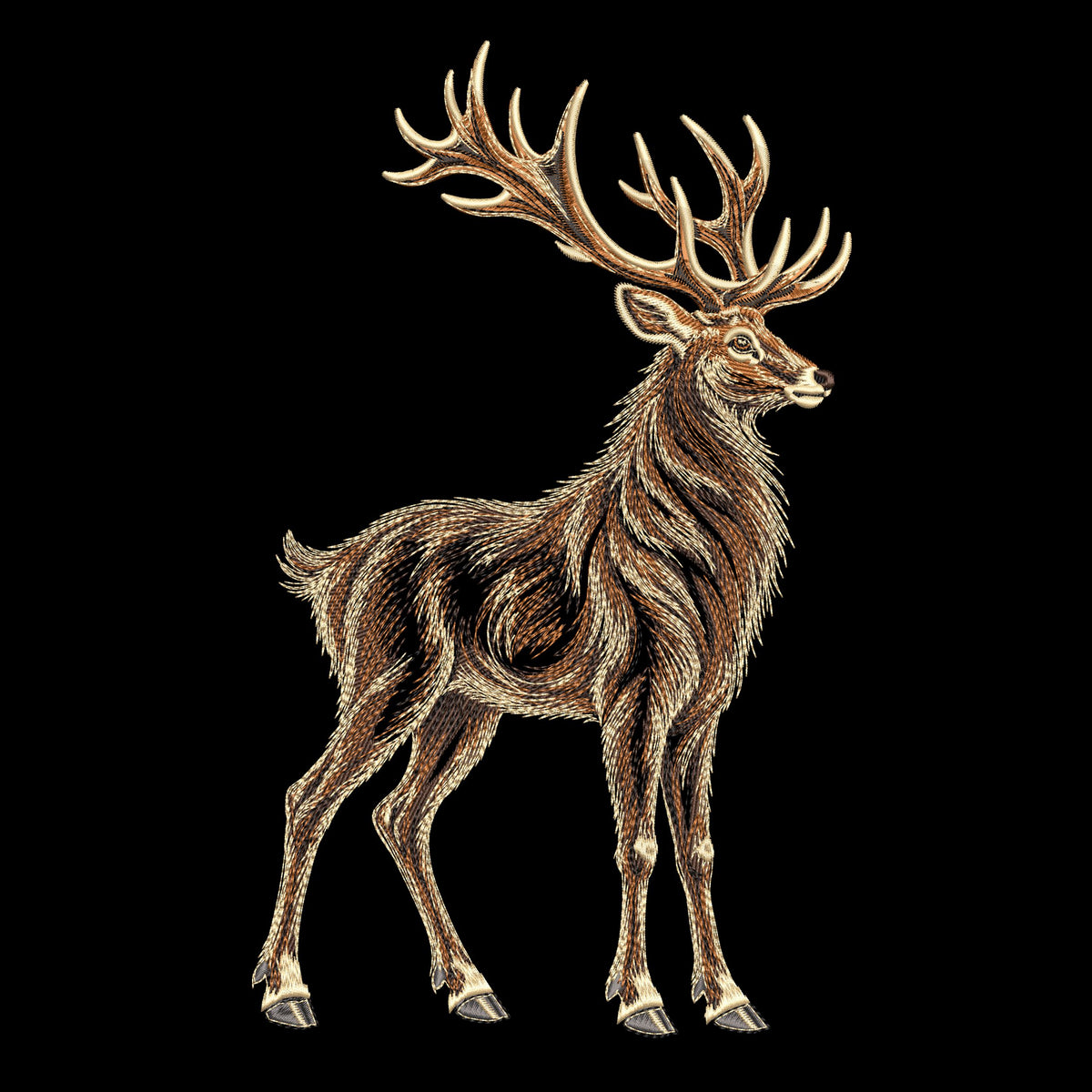 Standing stag deer embroidery design with branching antlers and open fur stitching on a black background.