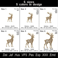 Open fill deer embroidery size chart showing six sizes, five thread colors, stitch counts and hoop requirements.