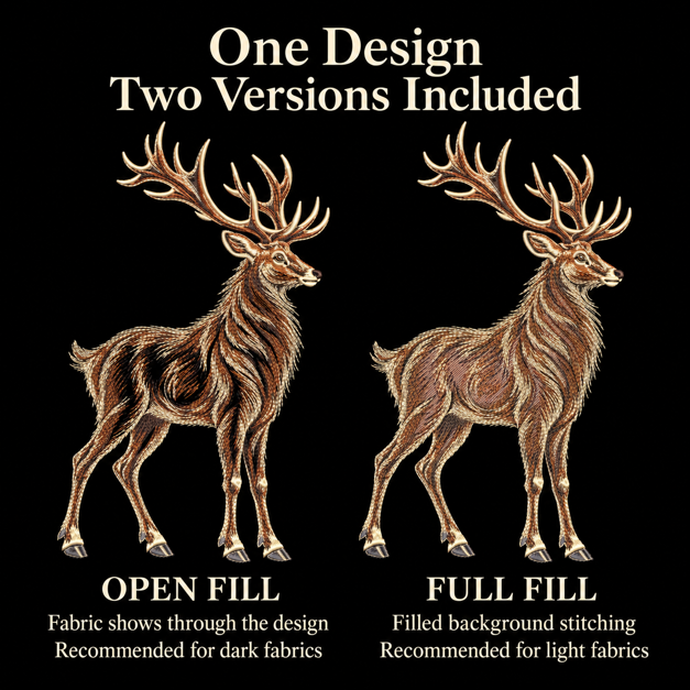 Deer embroidery design comparison: open fill for dark fabrics and full fill for light fabrics, both included.