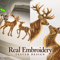 Actual stag and doe embroidery on white fabric, shown under the machine needle and in a close-up of their faces.