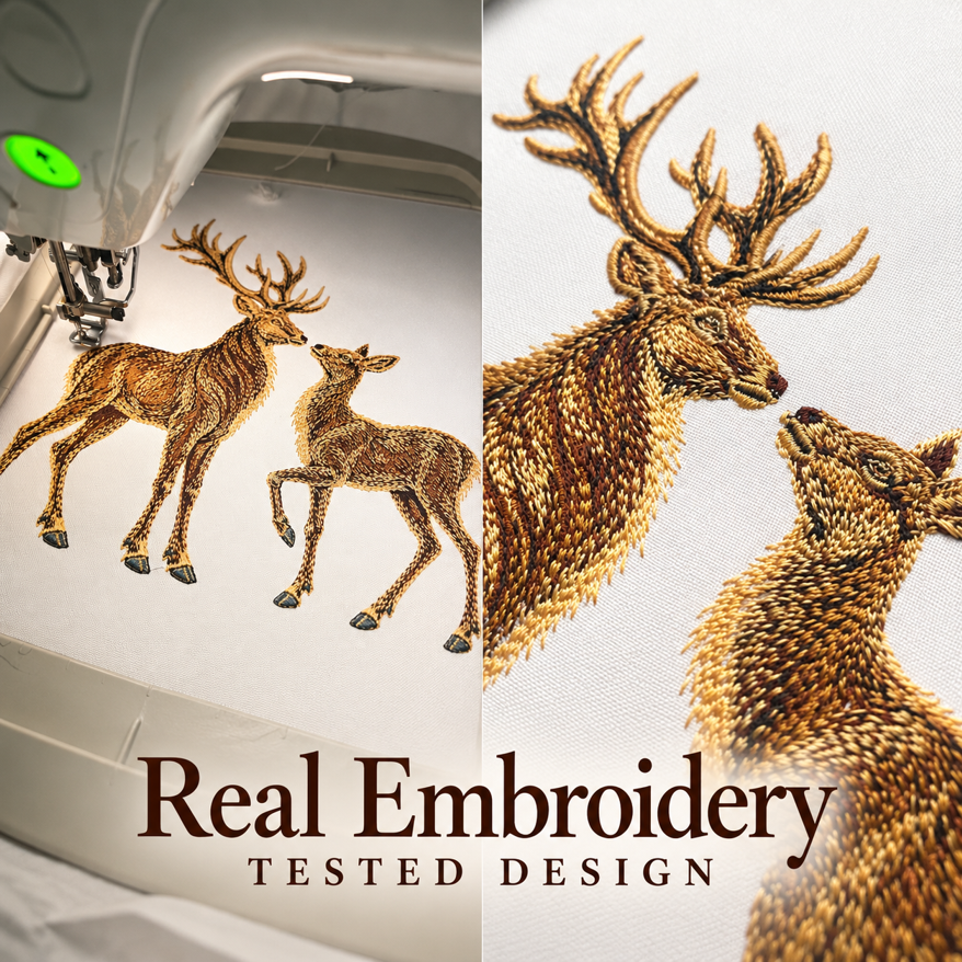 Actual stag and doe embroidery on white fabric, shown under the machine needle and in a close-up of their faces.