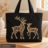 Black tote bag mockup featuring a stag and doe facing each other in warm brown and cream embroidery.