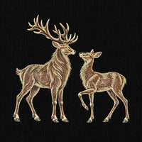 Full fill embroidery preview of a stag and doe facing each other, with brown and cream fur on black.