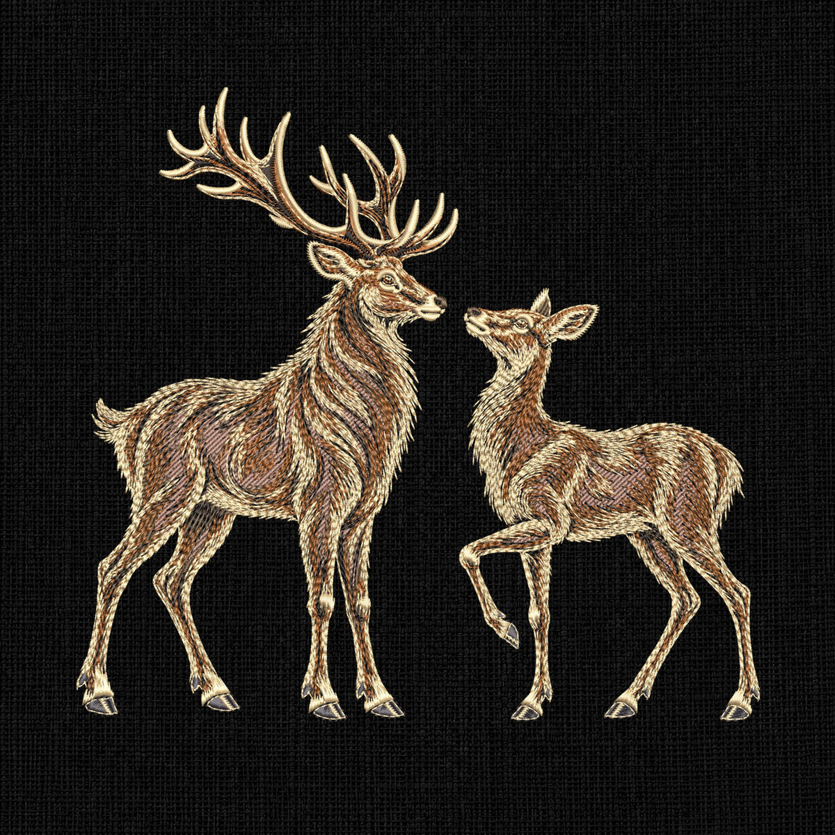 Full fill embroidery preview of a stag and doe facing each other, with brown and cream fur on black.