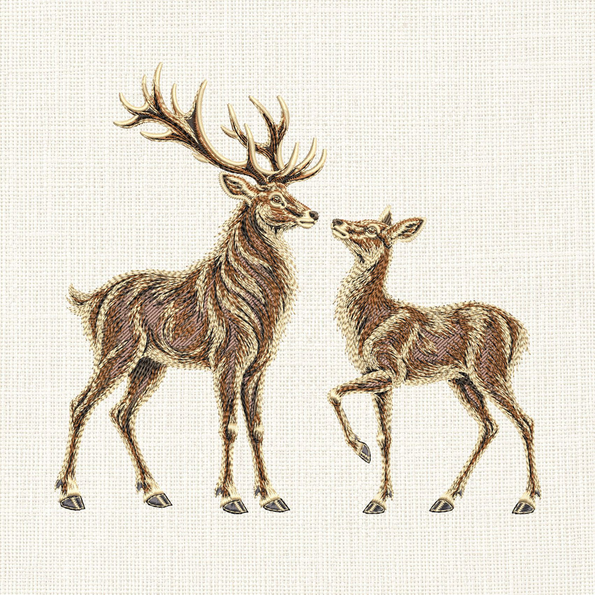 Stag and doe embroidery preview on cream, showing the full fill version of the facing deer pair.