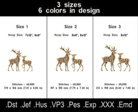 Full fill deer pair size chart with three sizes, six thread colors, stitch counts and large hoop requirements.