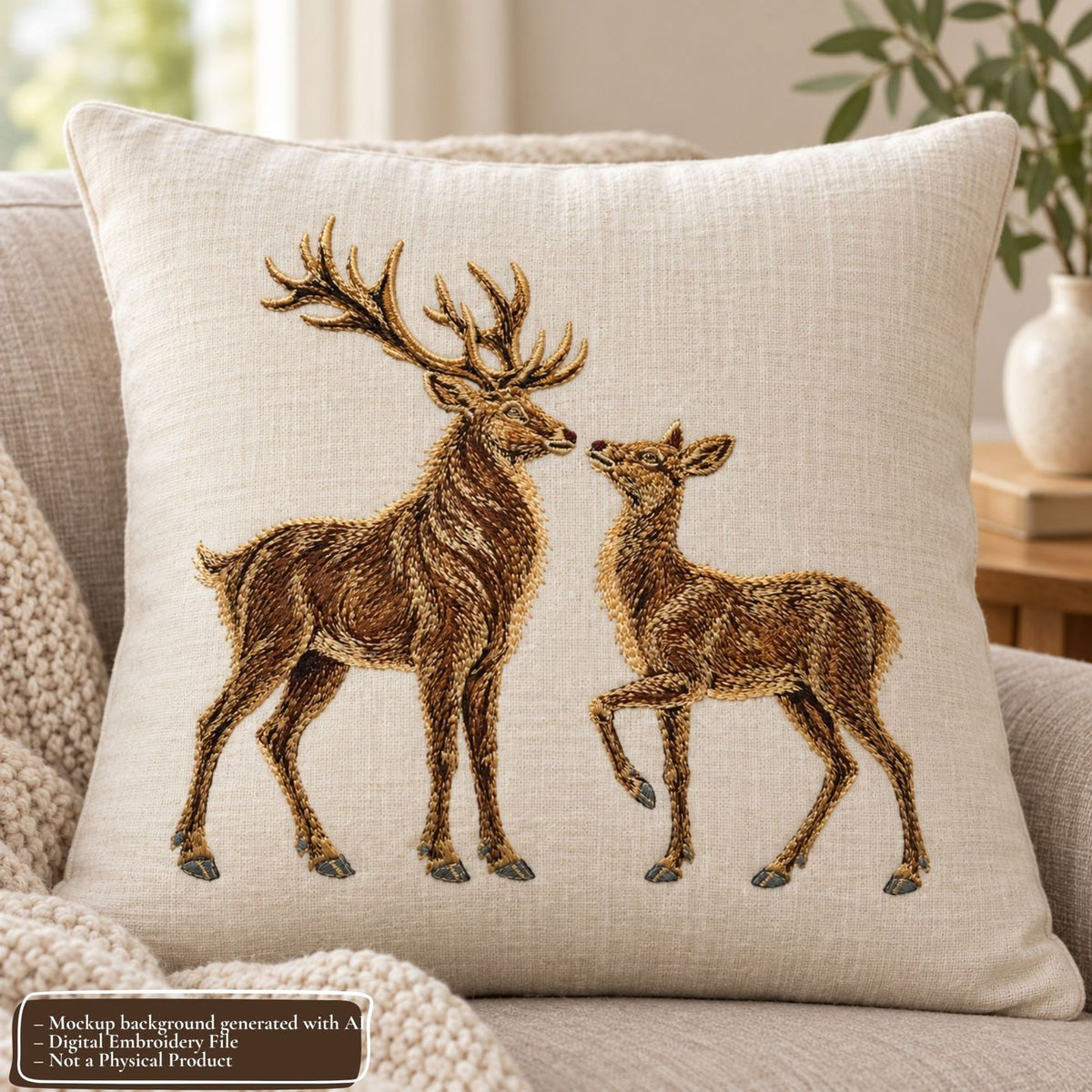 Cream linen cushion mockup featuring a stag and doe embroidered together in brown and cream tones.