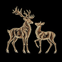 Stag and doe facing each other in an open fill deer embroidery design on black.