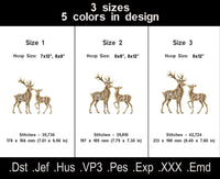 Open fill deer pair size chart with three sizes, five thread colors, stitch counts and large hoop requirements.