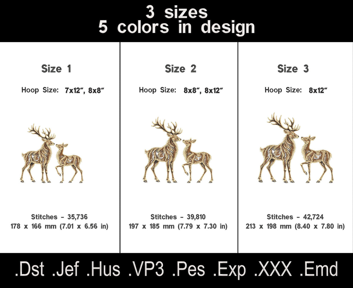 Open fill deer pair size chart with three sizes, five thread colors, stitch counts and large hoop requirements.