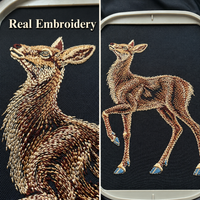 Actual open fill doe embroidery on black fabric, with a head close-up beside a wider view in the hoop.