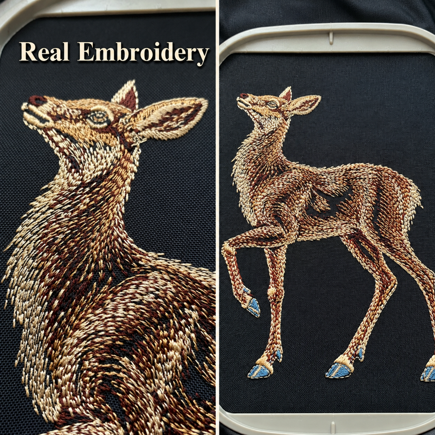 Actual open fill doe embroidery on black fabric, with a head close-up beside a wider view in the hoop.