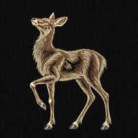 Separate doe embroidery included in the deer pair set, with a lifted head and raised front leg on black.