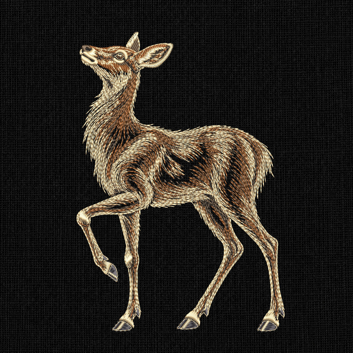 Separate doe embroidery included in the deer pair set, with a lifted head and raised front leg on black.
