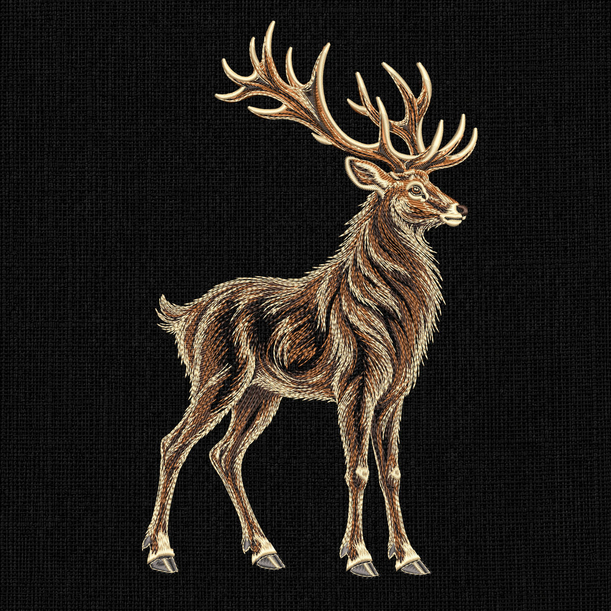 Separate stag embroidery included in the deer pair set, shown with branching antlers and open fur stitching.