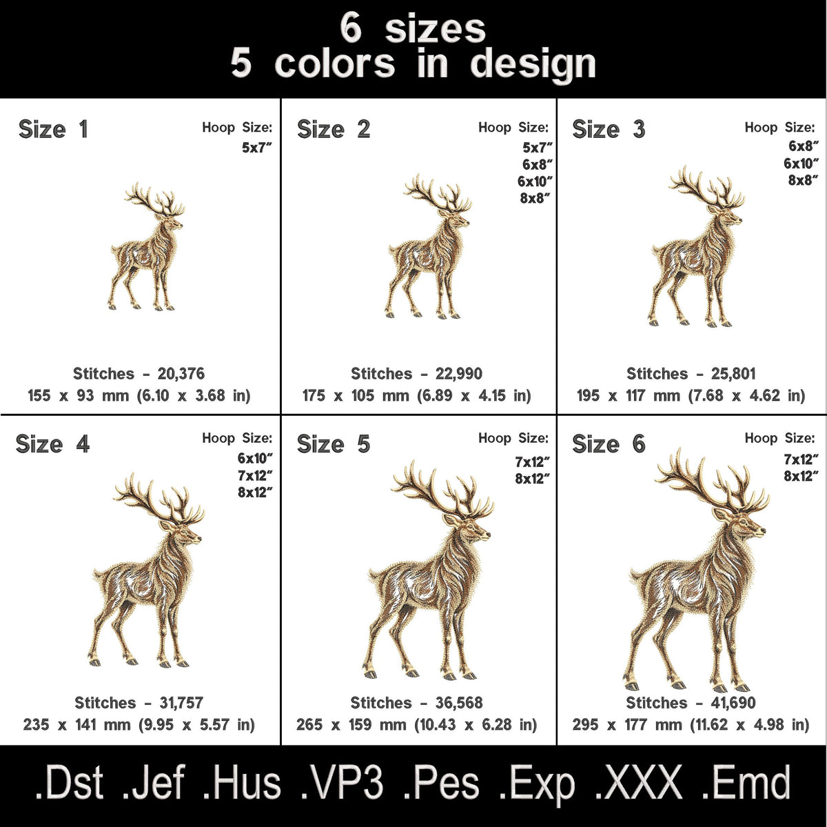 Size chart for the separate open fill stag, showing six sizes, five thread colors and stitch counts.