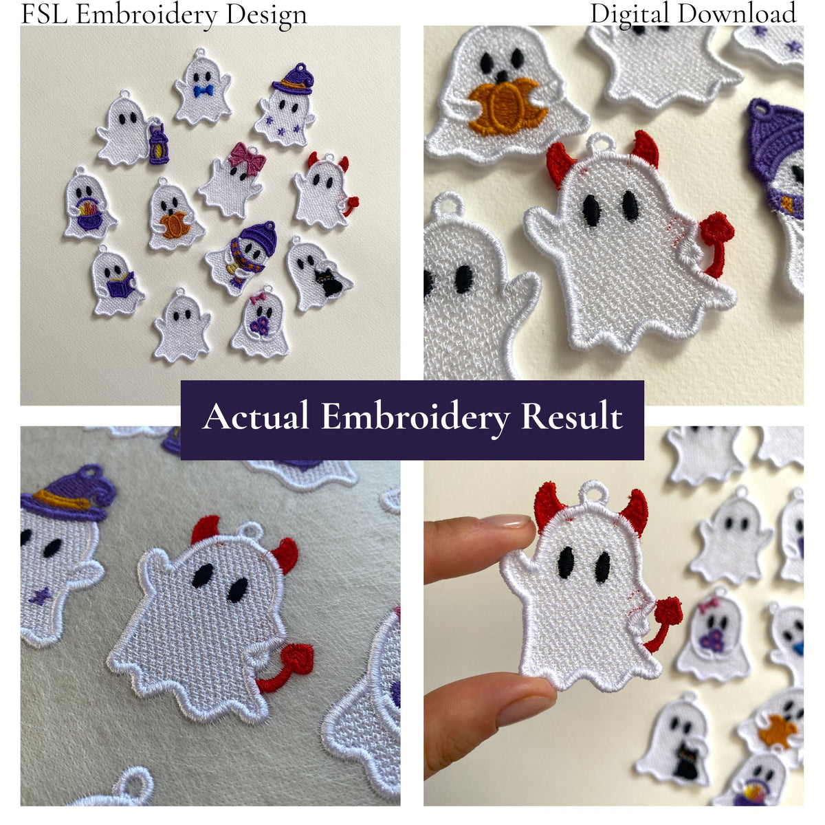 Collage of actual Devil Ghost FSL embroidery results with other cute Halloween ghost designs