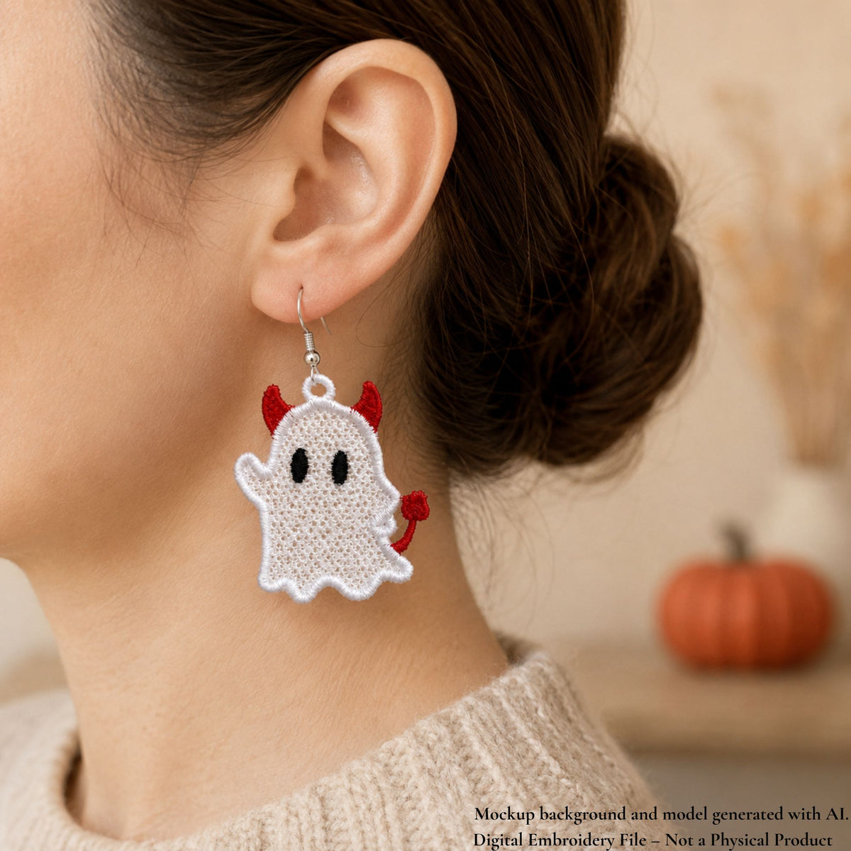 White Devil Ghost FSL earring with red horns and tail displayed on a silver earring hook