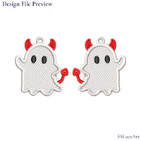 Machine embroidery preview showing mirrored white devil ghosts with red horns and pointed tails