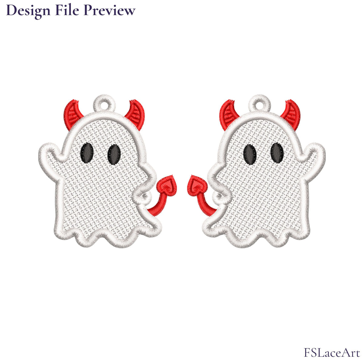 Machine embroidery preview showing mirrored white devil ghosts with red horns and pointed tails