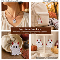 Devil Ghost FSL design shown as a pendant, backpack charm, keychain and mirrored earrings