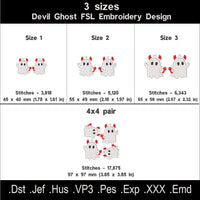 Devil Ghost FSL size chart showing three sizes, stitch counts, mirrored files and a 4 by 4 hoop layout