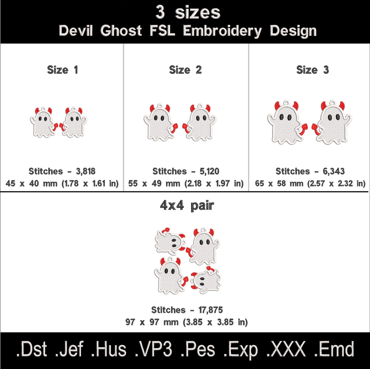 Devil Ghost FSL size chart showing three sizes, stitch counts, mirrored files and a 4 by 4 hoop layout