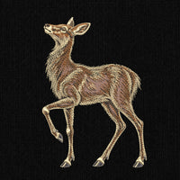 Full fill doe embroidery preview on black, showing flowing brown and cream fur stitches.