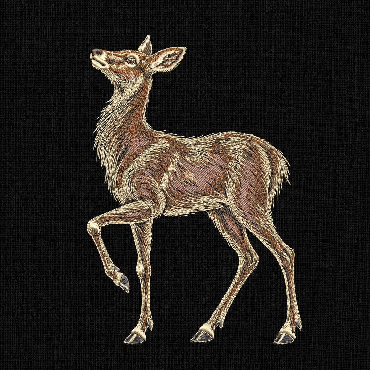Full fill doe embroidery preview on black, showing flowing brown and cream fur stitches.