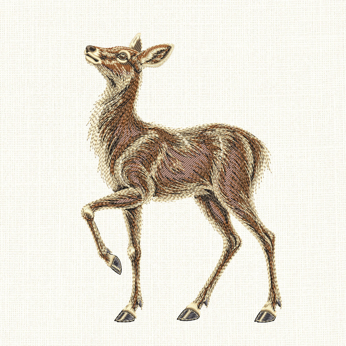 Full fill doe deer embroidery design on cream, with a lifted head and detailed brown fur.