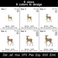 Full fill doe embroidery chart with six sizes, six thread colors, stitch counts and hoop sizes.
