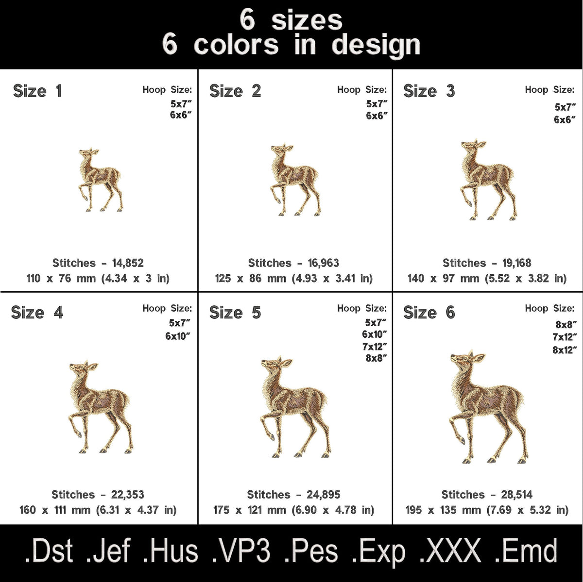 Full fill doe embroidery chart with six sizes, six thread colors, stitch counts and hoop sizes.