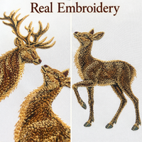 Actual embroidery on white fabric showing a stag and doe close-up beside a full view of the doe.