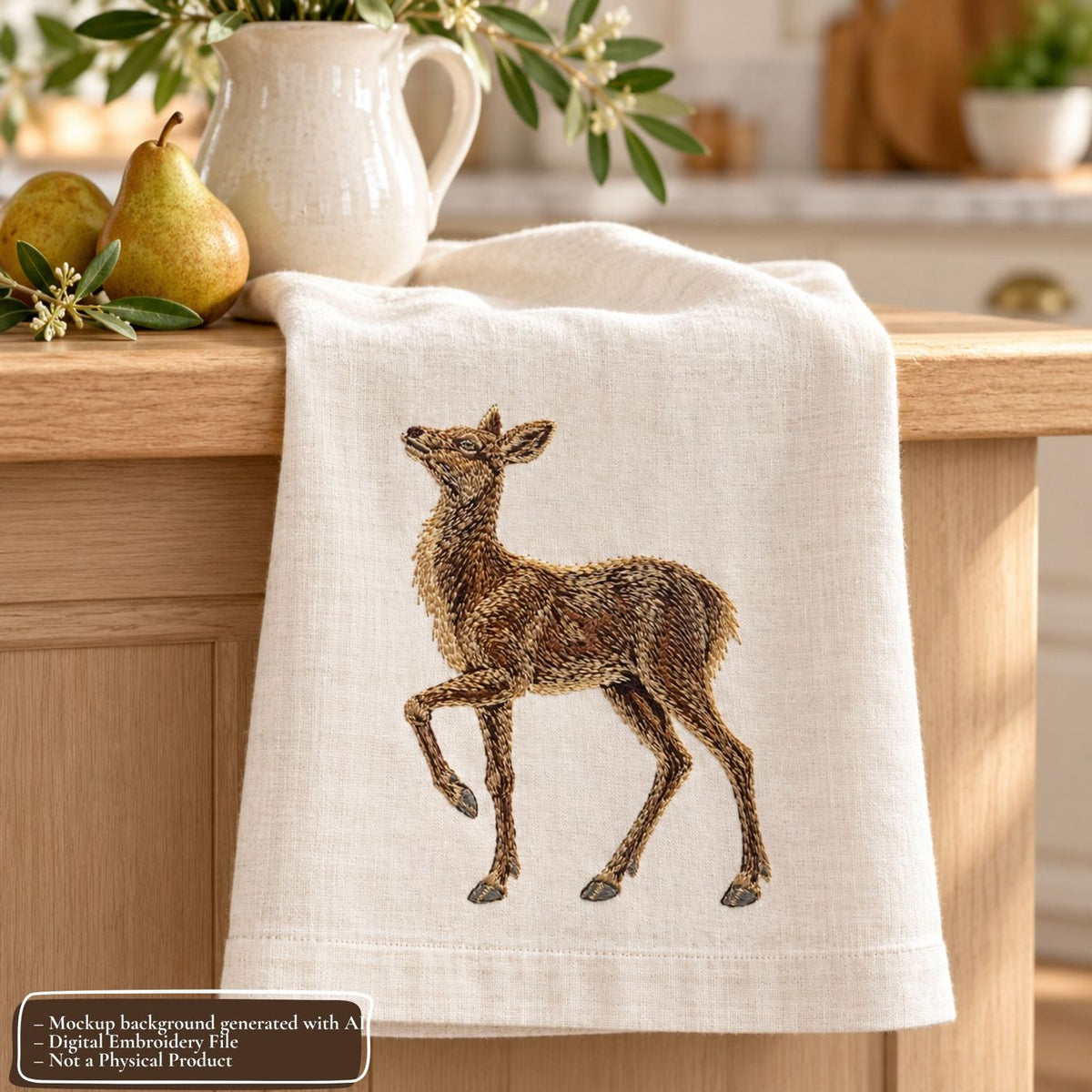 Cream linen kitchen towel mockup featuring doe embroidery, styled beside pears and a ceramic pitcher.
