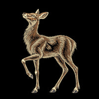 Doe deer embroidery design on black with open fur stitching, a lifted head and one raised front leg.