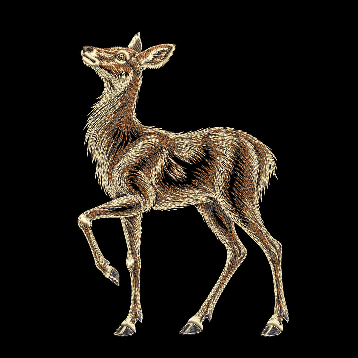 Doe deer embroidery design on black with open fur stitching, a lifted head and one raised front leg.