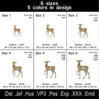 Open fill doe embroidery chart with six sizes, five thread colors, stitch counts and hoop sizes.