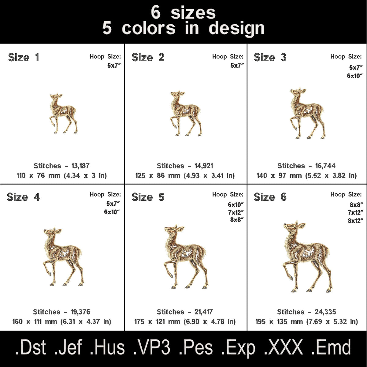 Open fill doe embroidery chart with six sizes, five thread colors, stitch counts and hoop sizes.