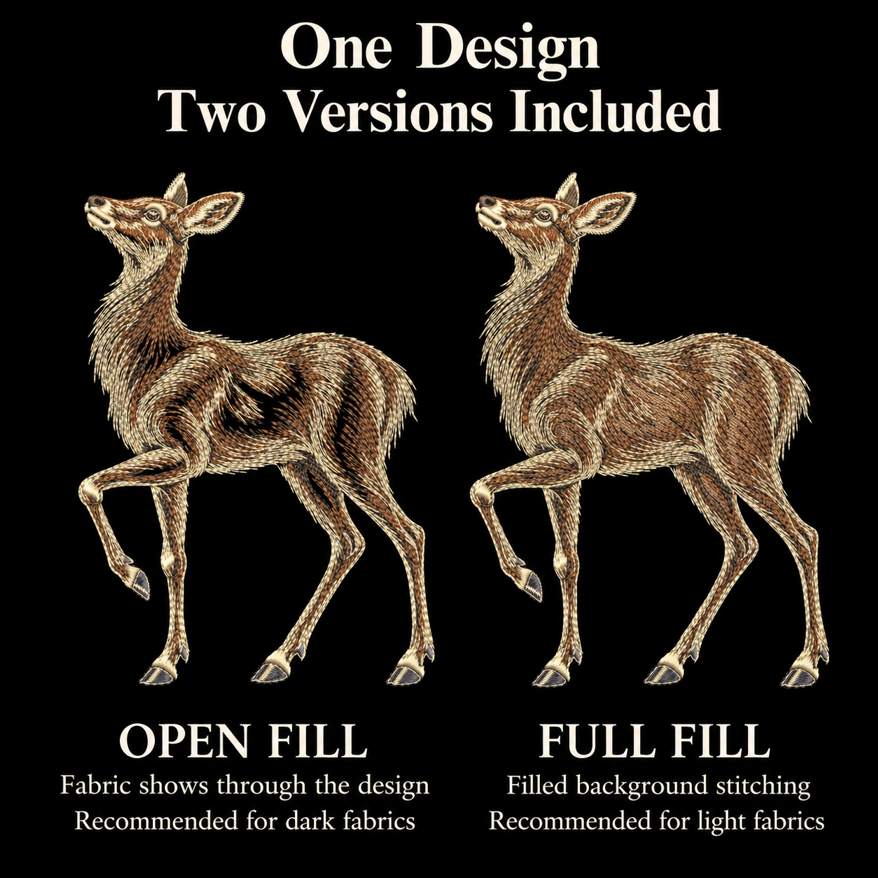 Doe deer embroidery comparison showing open fill for dark fabrics and full fill for light fabrics.