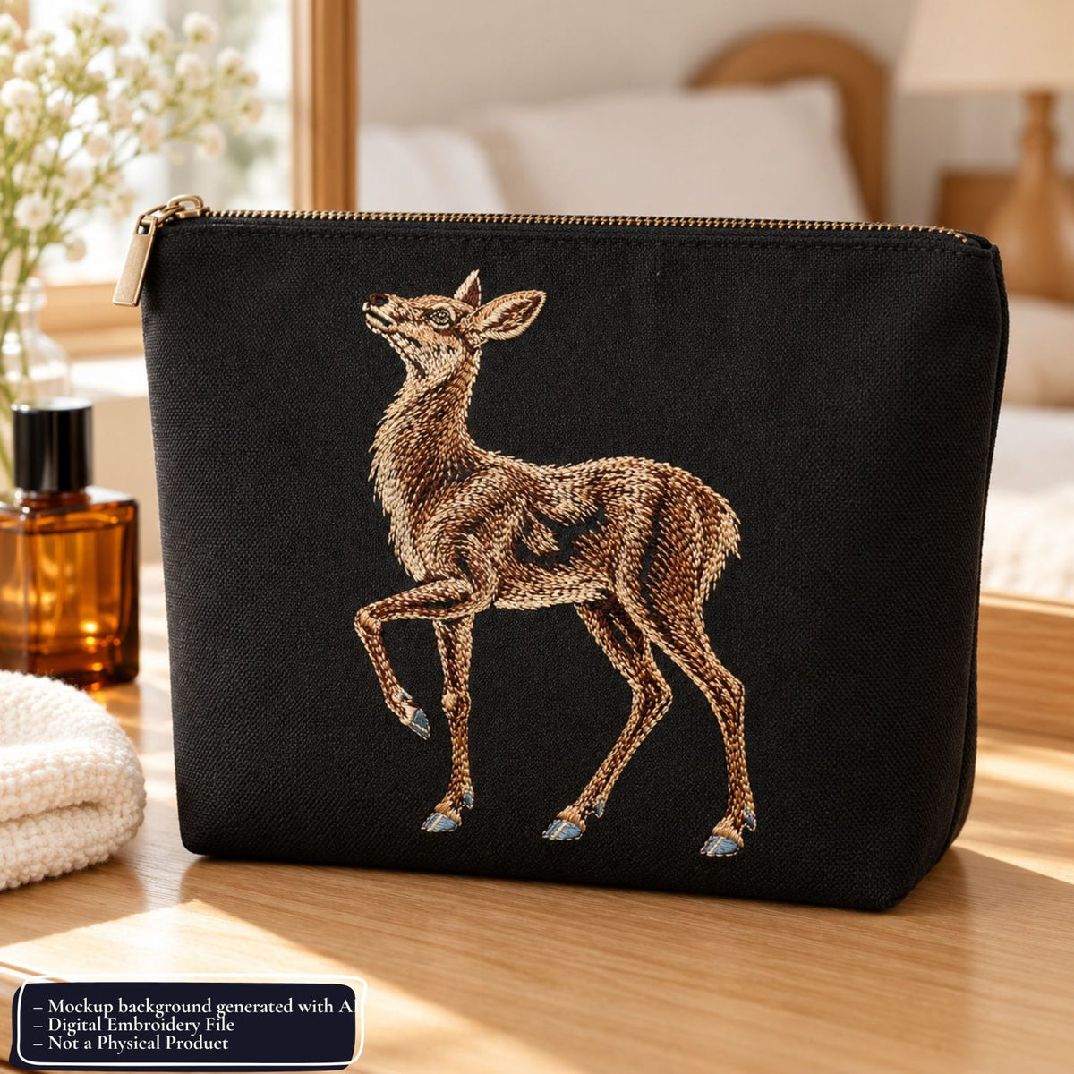 Black zip pouch mockup featuring a brown and cream doe with a raised front leg.