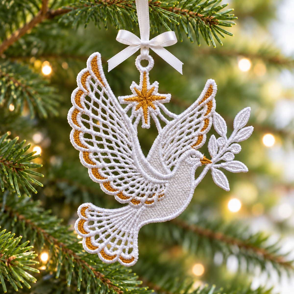 White and gold lace dove ornament with an olive branch and star, hanging on a Christmas tree with a white satin bow.